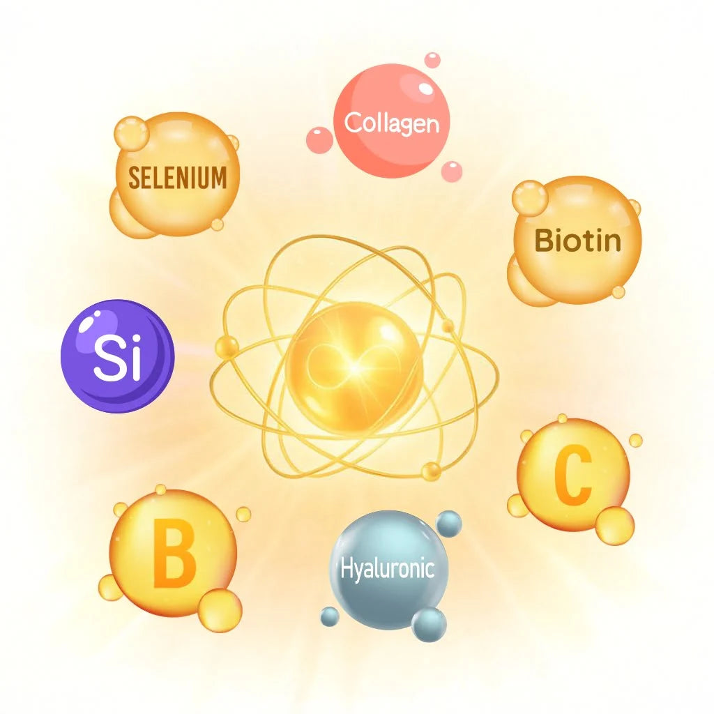 Infografik der Weidehaltung-Synergie-Matrix™ – Nährstoffe wie Kollagen, Hyaluronsäure, Silicium, Selen, Biotin, Vitamin C und Vitamin-B-Komplex wirken synergetisch zusammen