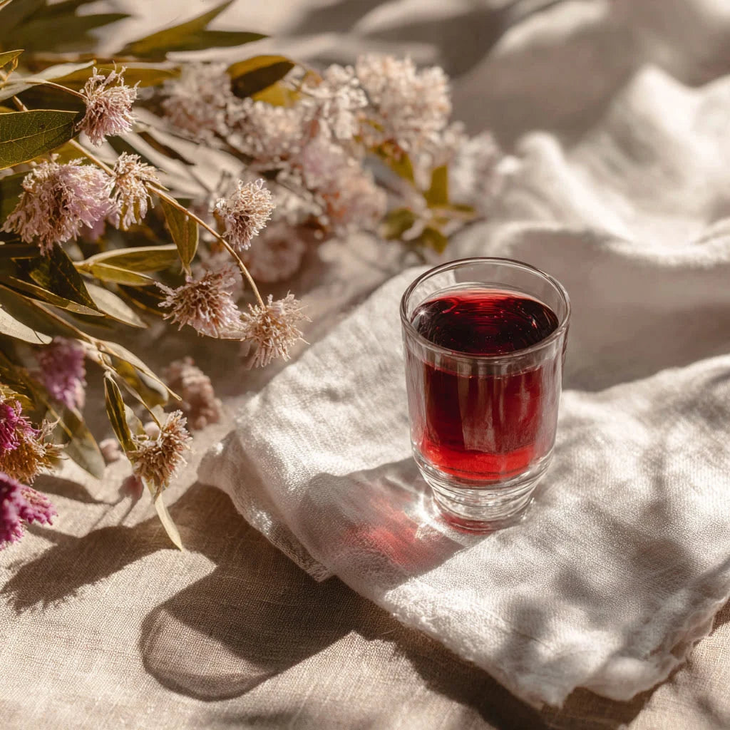 Glas mit rotem Colinea Kollagen-Drink auf weißem Tuch, dekoriert mit Blumen