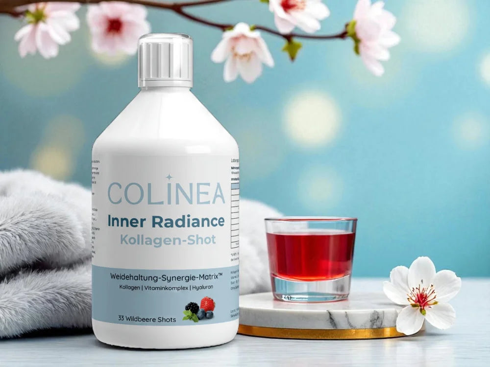 Colinea Inner Radiance Kollagen-Shot mit rotem Drink und Blüten – flüssige Darreichungsform mit Weidehaltung-Synergie-Matrix™ für einfache Aufnahme und täglichen Genuss