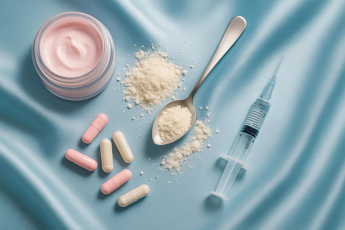 Creme, Pulver, Kapseln und Spritze – typische herkömmliche Beauty- und Kollagen-Lösungen, die oft unpraktisch oder wenig wirksam sind