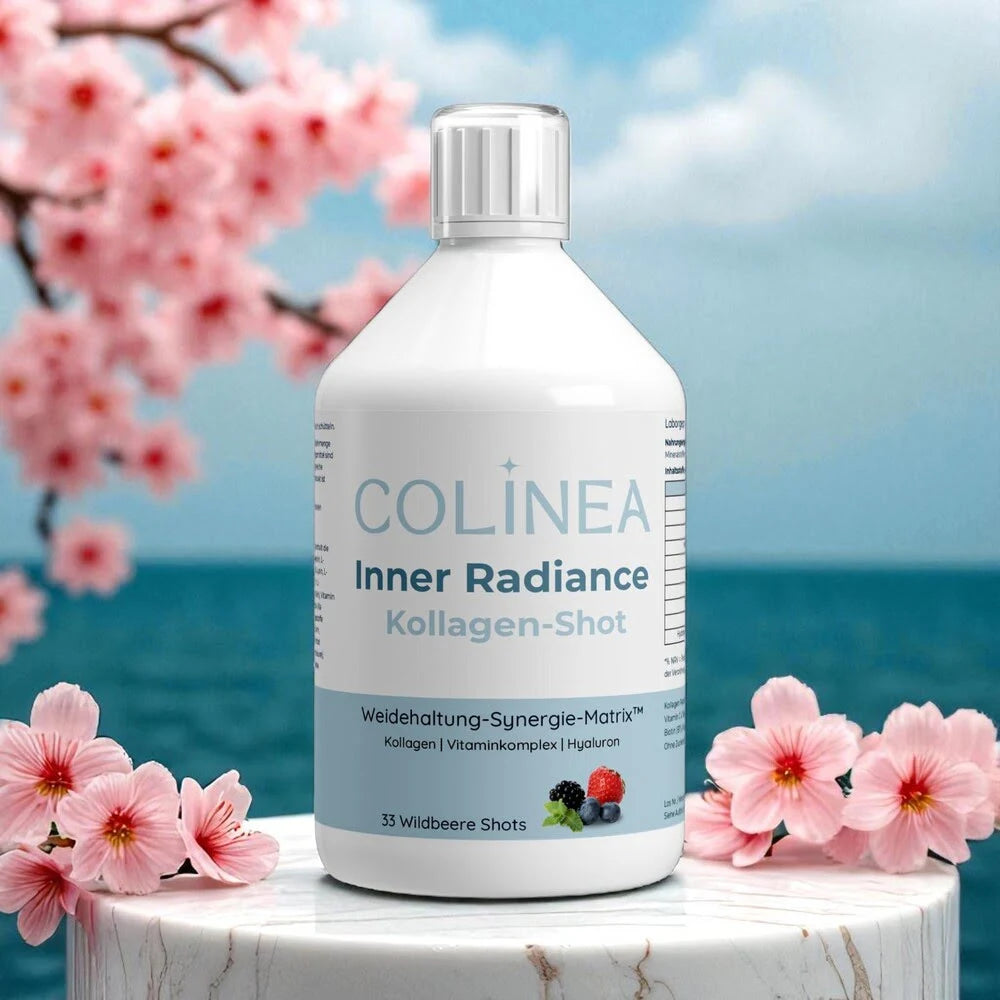 Colinea Inner Radiance Kollagen-Shot – Beauty-Shot mit Weidehaltung-Synergie-Matrix™, dekorativ mit rosa Blüten, entwickelt für deine tägliche Beauty-Routine