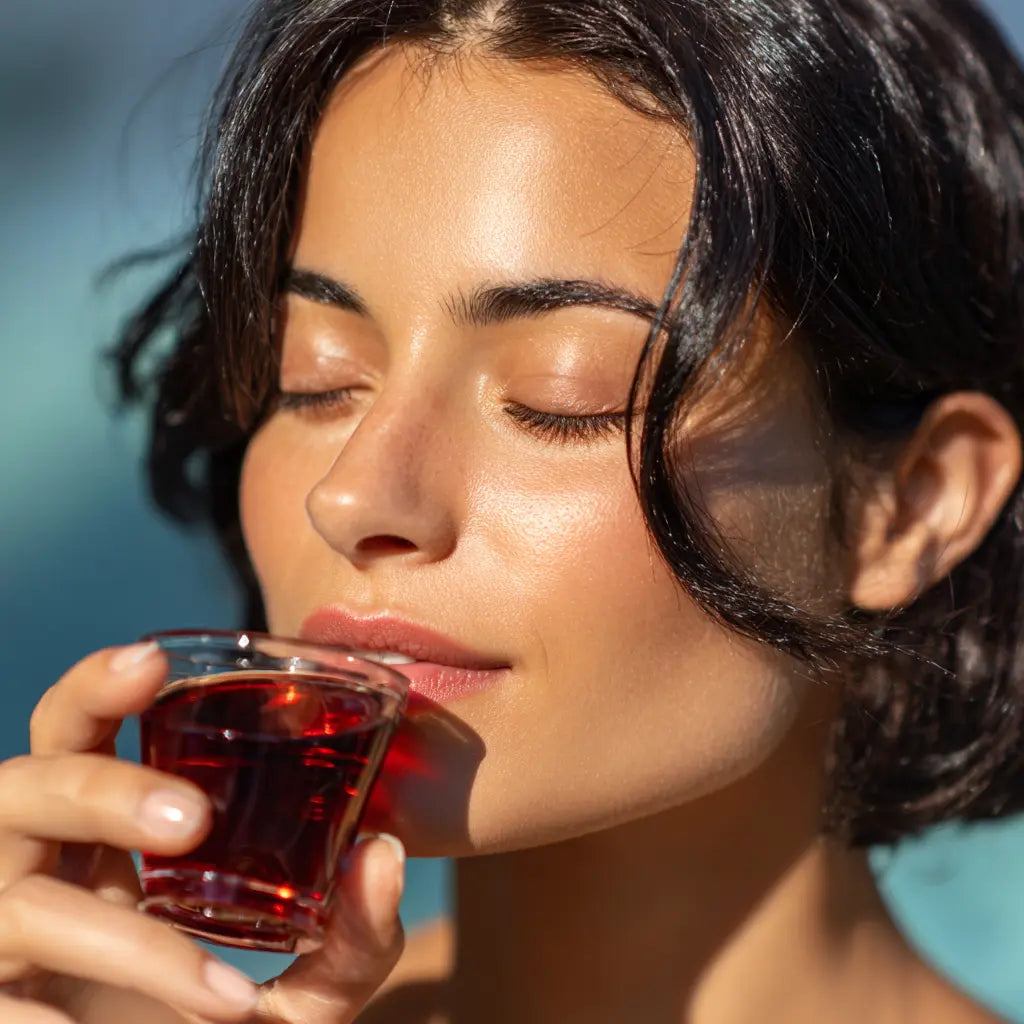 Eine Frau trinkt einen Shot mit roten Kollagendrink von Inner Radiance