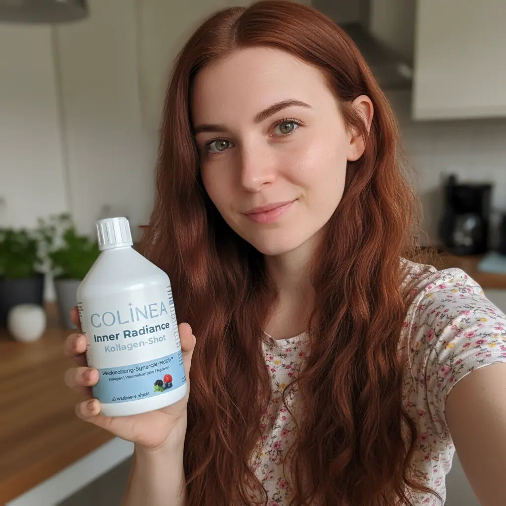 Schöne Frau mit einer Flasche Inner Radiance in der Hand