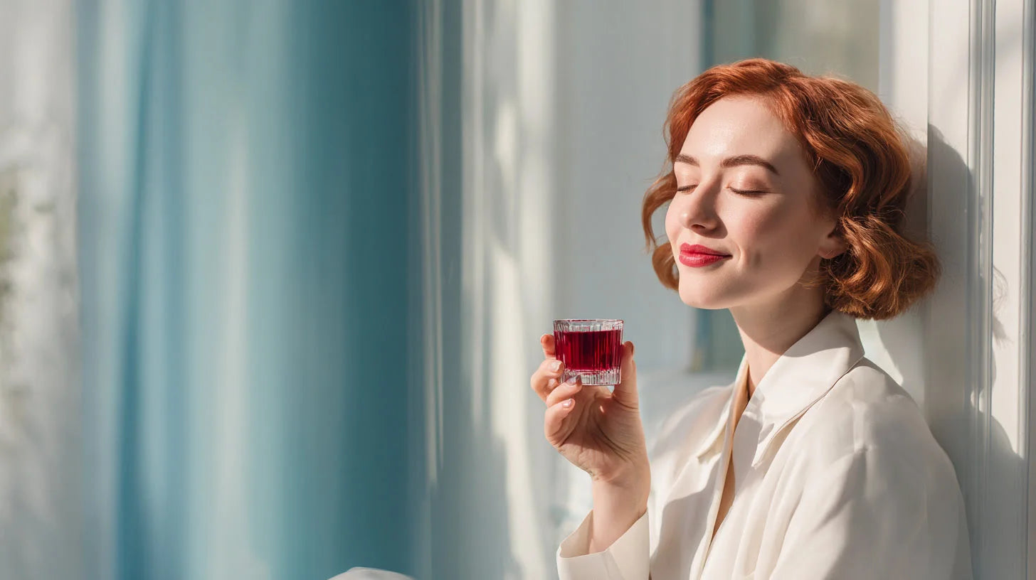Junge Frau genießt entspannt ein Glas roten Kollagen Drink – Symbolbild für Colinea Selfcare, innere Stärke und natürliche Schönheit