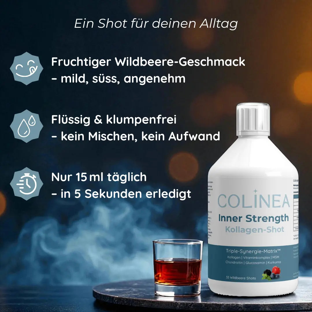 Colinea Inner Strength Kollagen-Shot – Infografik: Wildbeerengeschmack, flüssig & klumpenfrei, einfache Einnahme mit 15 ml täglich