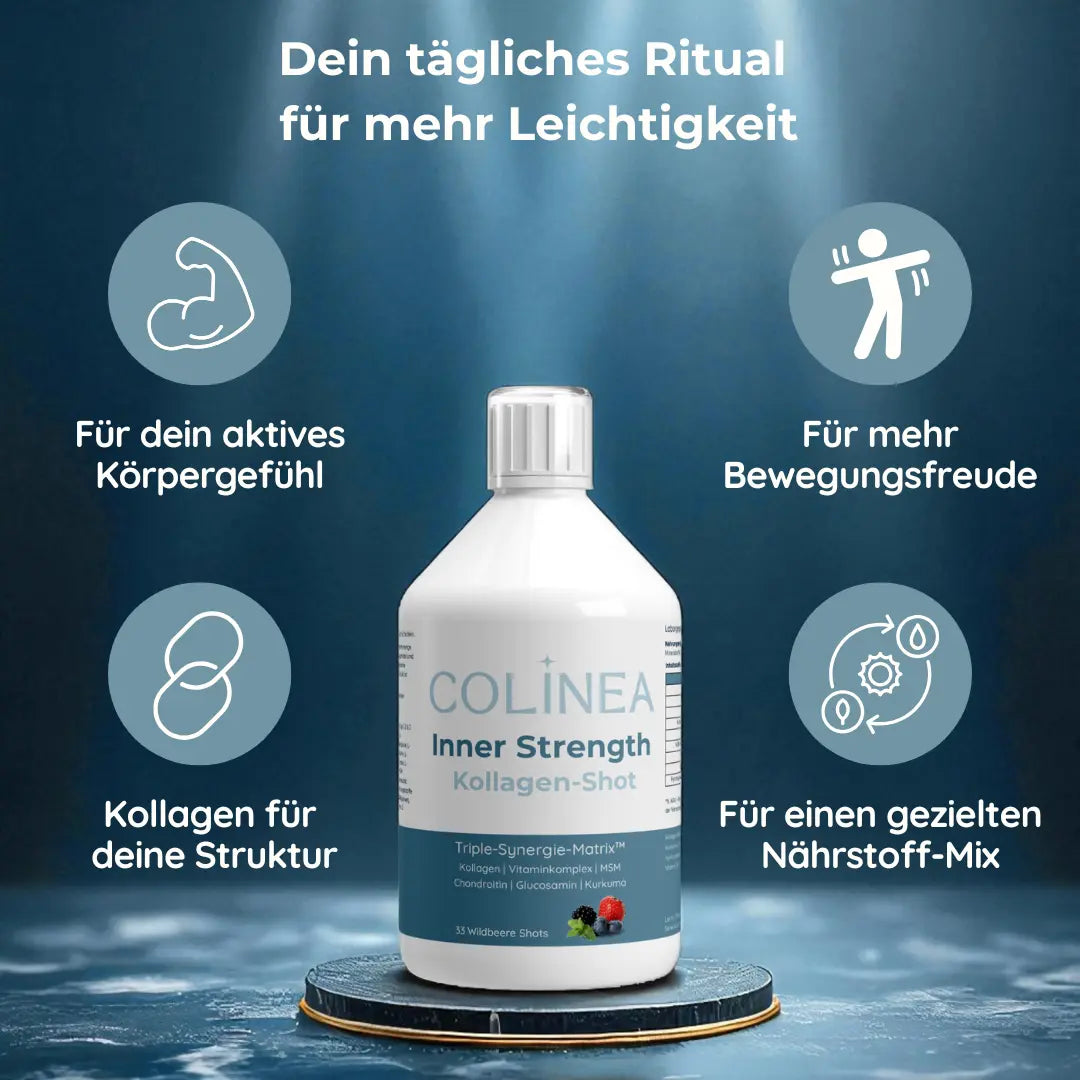 Inner Strength Kollagen-Shot – Infografik: Vorteile für aktives Körpergefühl, Bewegungsfreude, Struktur durch Kollagen und gezielten Nährstoff-Mix