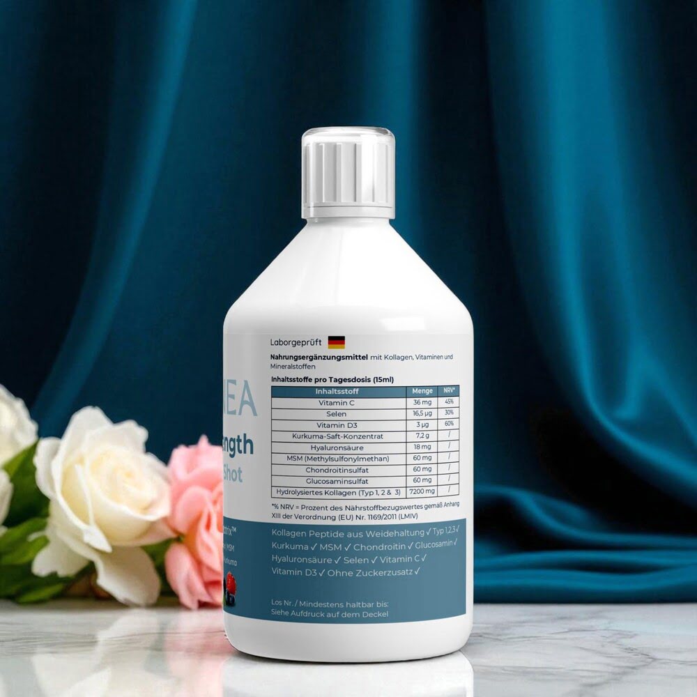 Inner Strength Kollagen-Shot Nährwertangaben – Rückseite der 500 ml Flasche mit Inhaltsstoffen pro 15 ml Tagesdosis: Kollagenpeptide aus Weidehaltung, MSM, Glucosamin, Chondroitin, Hyaluronsäure, Kurkuma, Vitamin C, Vitamin D3, Selen, Vitamin-B-Komplex