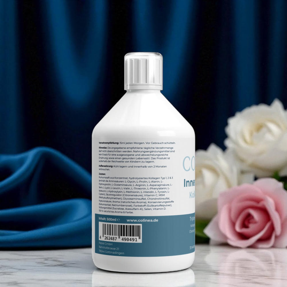 Inner Strength Kollagen-Shot Rückseite – Zutatenliste, Nährstoffangaben und Verzehrempfehlung auf der 500 ml Flasche mit Triple-Synergie-Matrix™ aus Kollagen, Vitaminen und Nährstoffen.