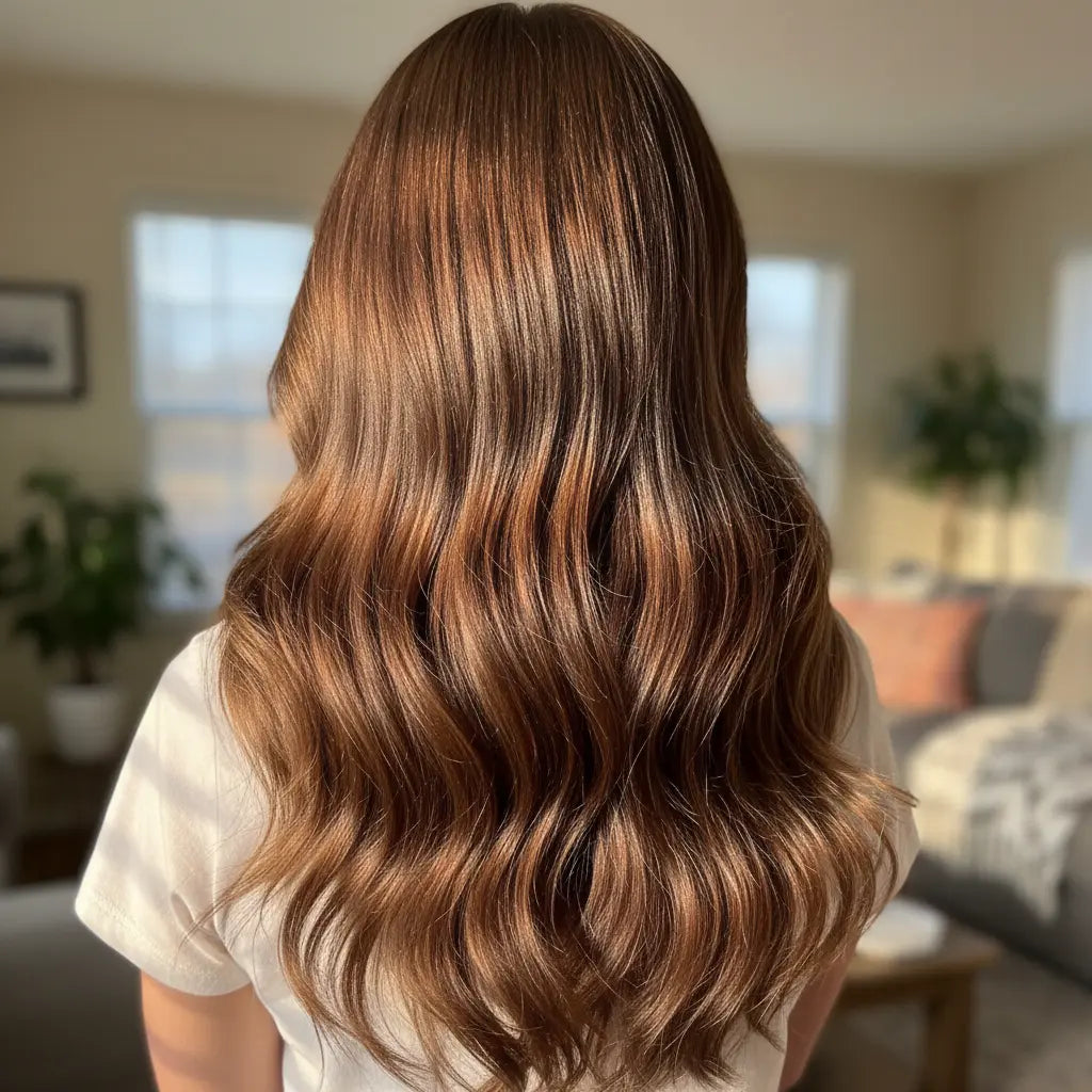 Eine Frau mit dem Rücken zu Kamera zeigt ihre wunderschöne gesunde Haare