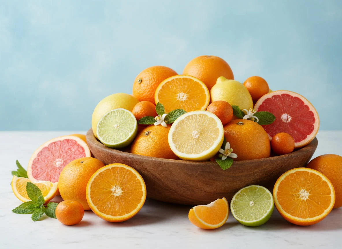 Eine grosse Schale mit vielen verschiednen Zitrusfrüchten wie Limonen, Orangen und Grapefruits
