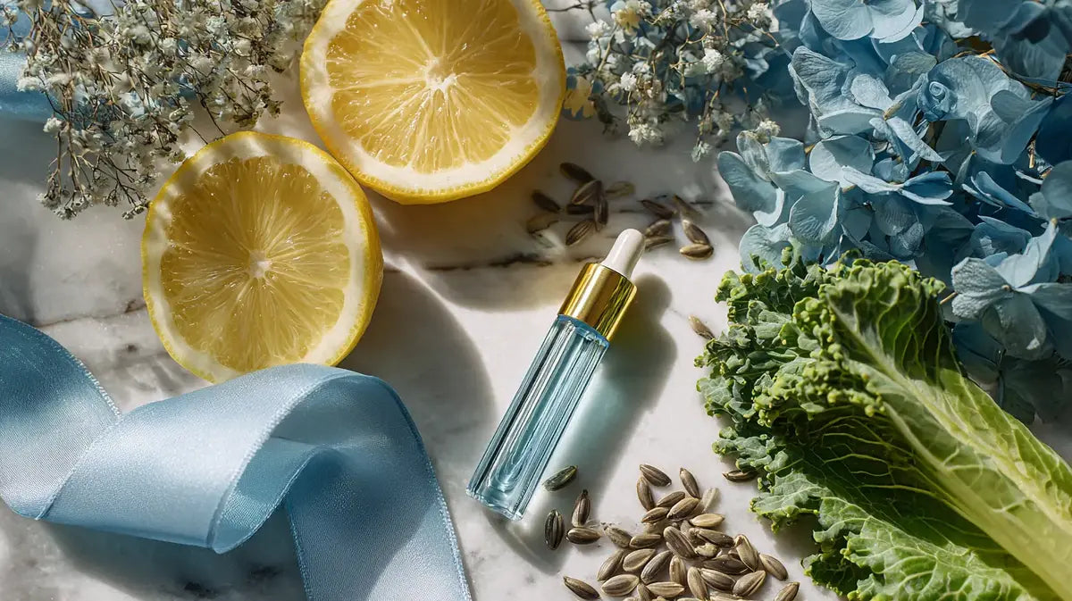 Zitrone, Serum-Fläschchen und Pflanzenextrakte – Symbolbild für Mikronährstoffe wie Vitamin C, Hyaluronsäure und Biotin zur Unterstützung der Kollagenbildung
