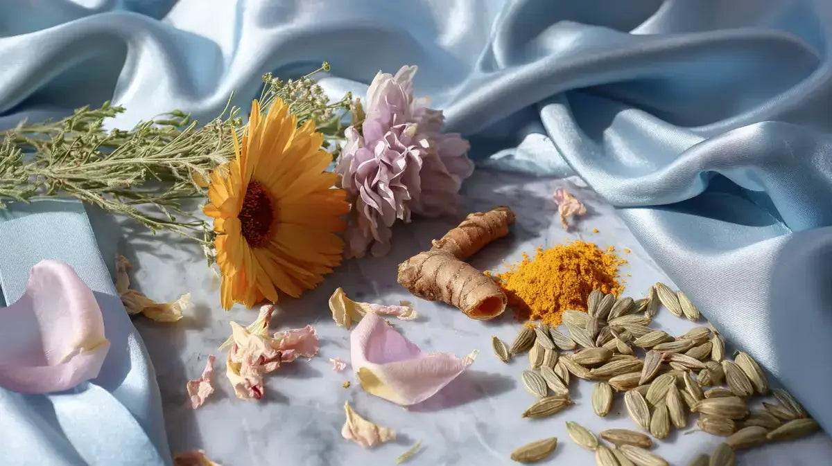 Symbolbild Mikronährstoffe – Kurkuma, Blüten und Samen für Vitamin D3, Selen und Gelenkunterstützung
