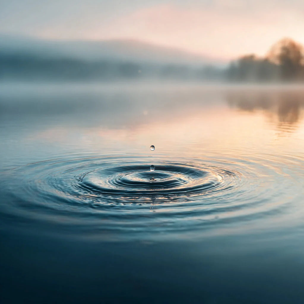 Wassertropfen erzeugt Kreise im See – Colinea Leitwert „Innere Wirkung“ für Pflege von innen