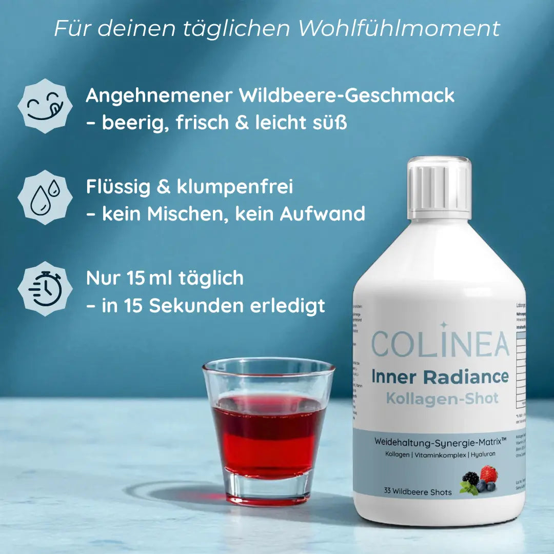 Colinea Inner Radiance Kollagen-Shot mit Wildbeerengeschmack – flüssig, klumpenfrei, einfache Einnahme in 15 Sekunden
