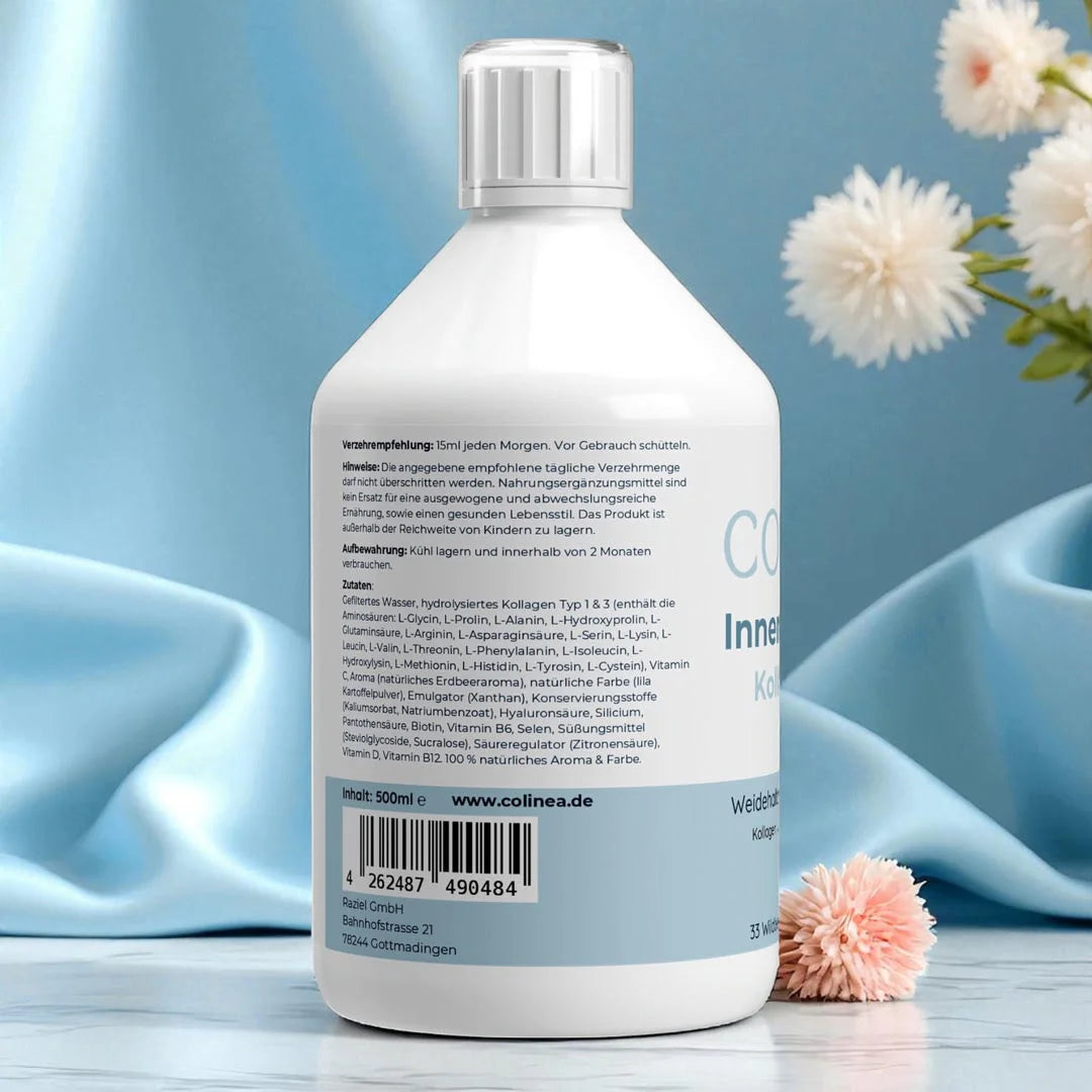 Colinea Inner Radiance Kollagen-Shot Rückseite – Zutatenliste, Nährstoffe, Verzehrempfehlung und Herstellerangaben auf der Flasche