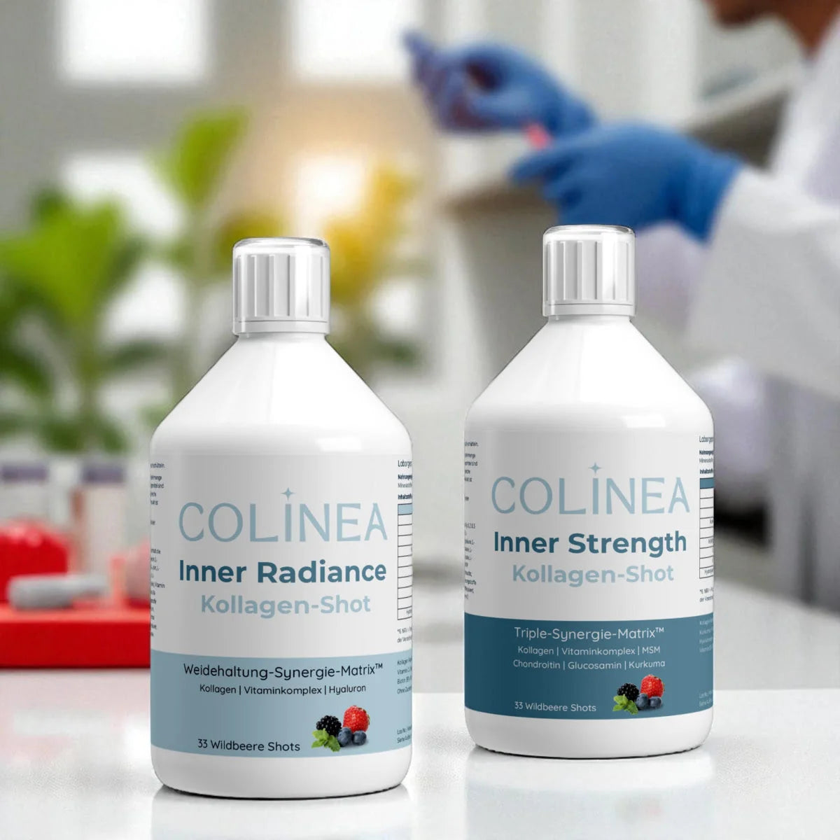 Colinea Inner Radiance und Inner Strength Kollagen-Shots im Labor-Umfeld – inspiriert von Wissenschaft und Natur, entwickelt für kompromisslose Qualität und Selfcare
