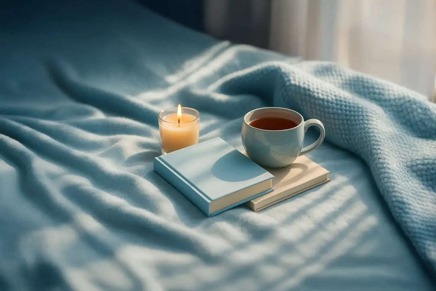 Selfcare-Symbol – Tee, Bücher und Kerze für Achtsamkeit und Entspannung