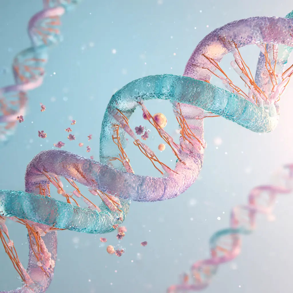 Visualisierung einer DNA-Helix – Symbolbild für die körpereigene Kollagenbildung aus Aminosäuren wie Glycin, Prolin und Hydroxyprolin
