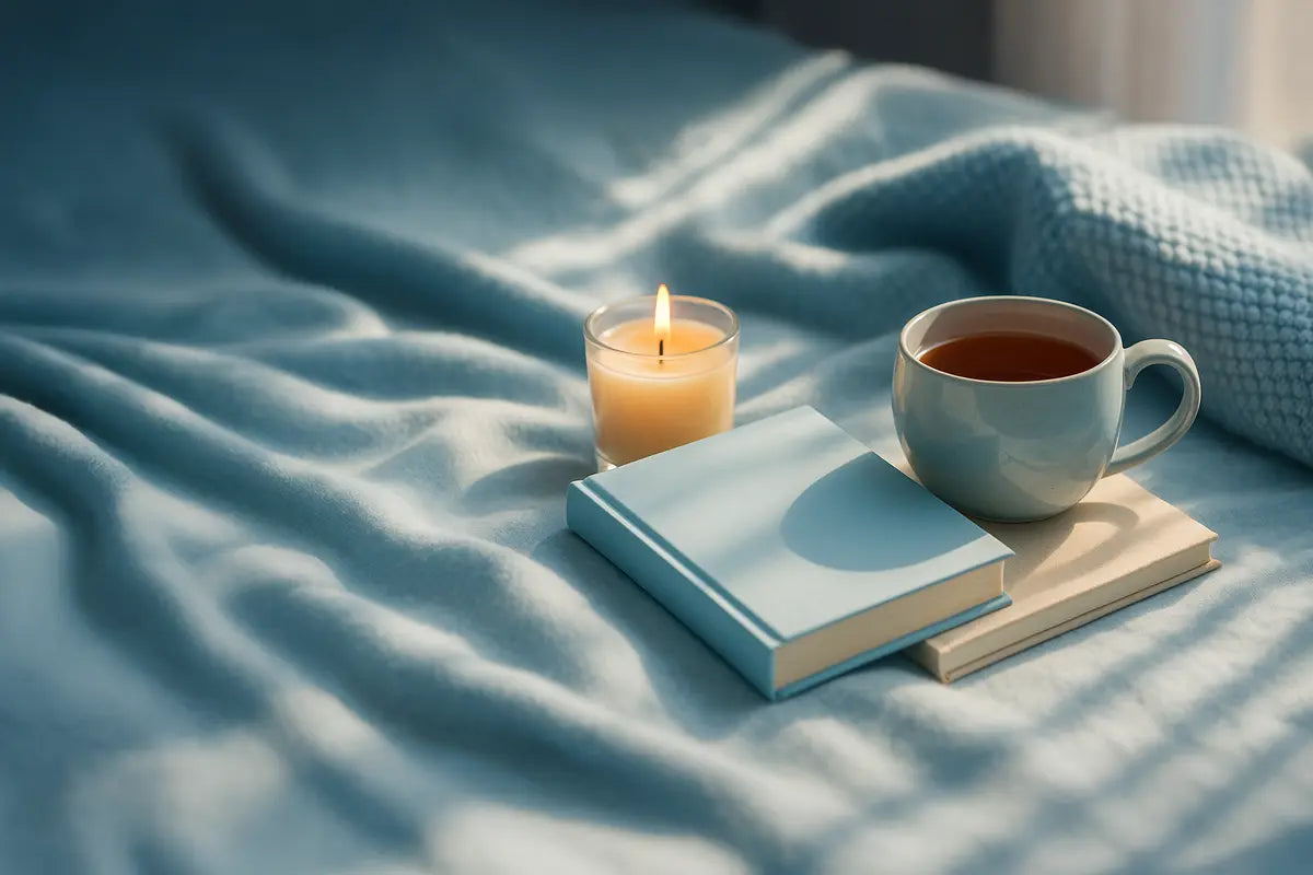 Tasse Tee, Bücher und Kerze auf einer Decke – Symbolbild für ganzheitliche Selfcare, Entspannung und einen bewussten Lebensstil mit Kollagen